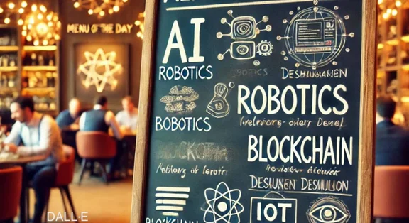 Tafel mit AI, Robotik und Blockchain in einem Café