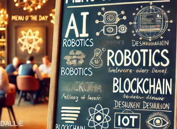 Tafel mit AI, Robotik und Blockchain in einem Café